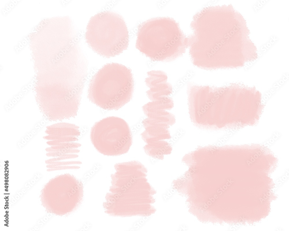 Set of hand painted peach pink watercolor brush textures for your design. Soft brush strokes isolated on white background.