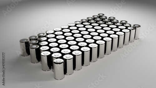 A group of innovative 4680 format high-capacity battery cells for electric vehicles. 3d render photo