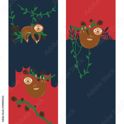 Cute sloth on branches cartoon vector illustration. Sleeping sloth in a jungle