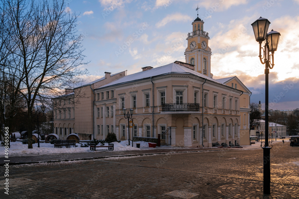 View of the City Hall building on a winter day, Vitebsk, Belarus