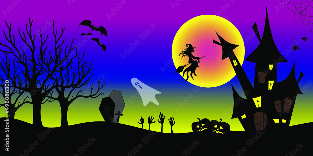 Happy halloween design background with castle, bats, witch, ghost, pumpkins, cemetery. Vector illustration.