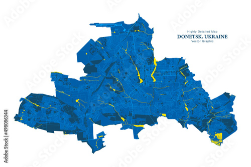 Highly Detailed Vector Map Of City Donetsk Ukraine In Patriotic National Yellow Blue Colours Isolated On White Background. City Transport System Includes Grouped Map Features Roads And Water Objects photo