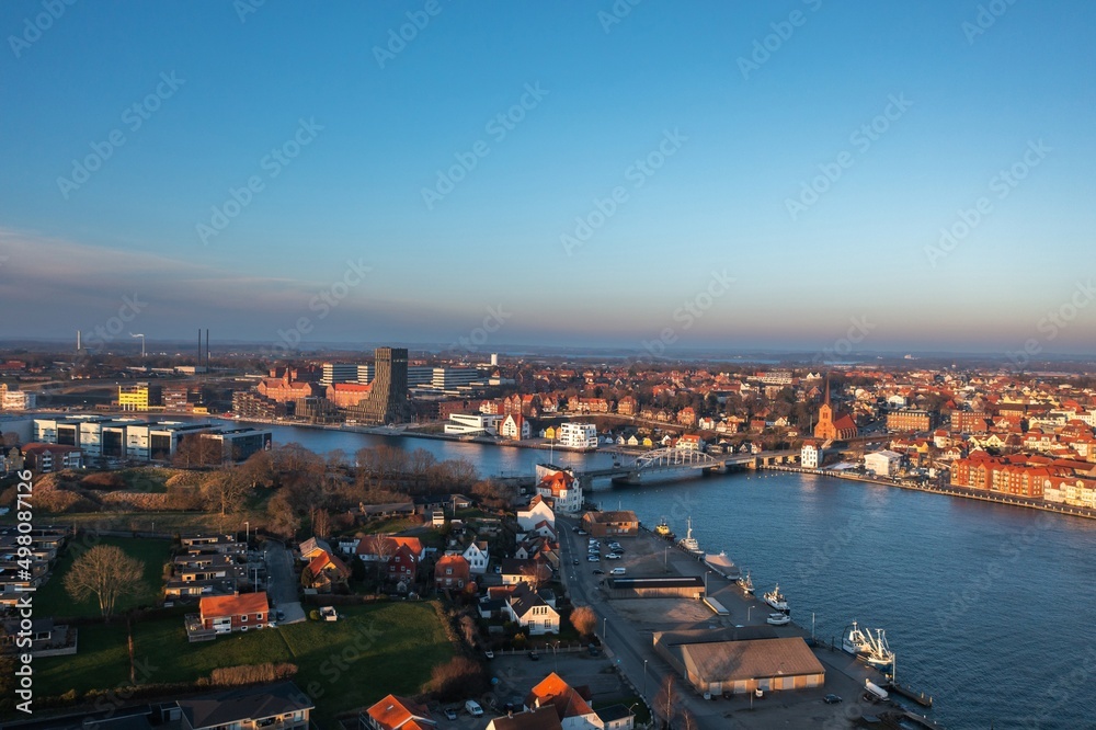 Aerial sunset cityscape of Sonderborg (Dan. Sønderborg), city in Southern Denmark