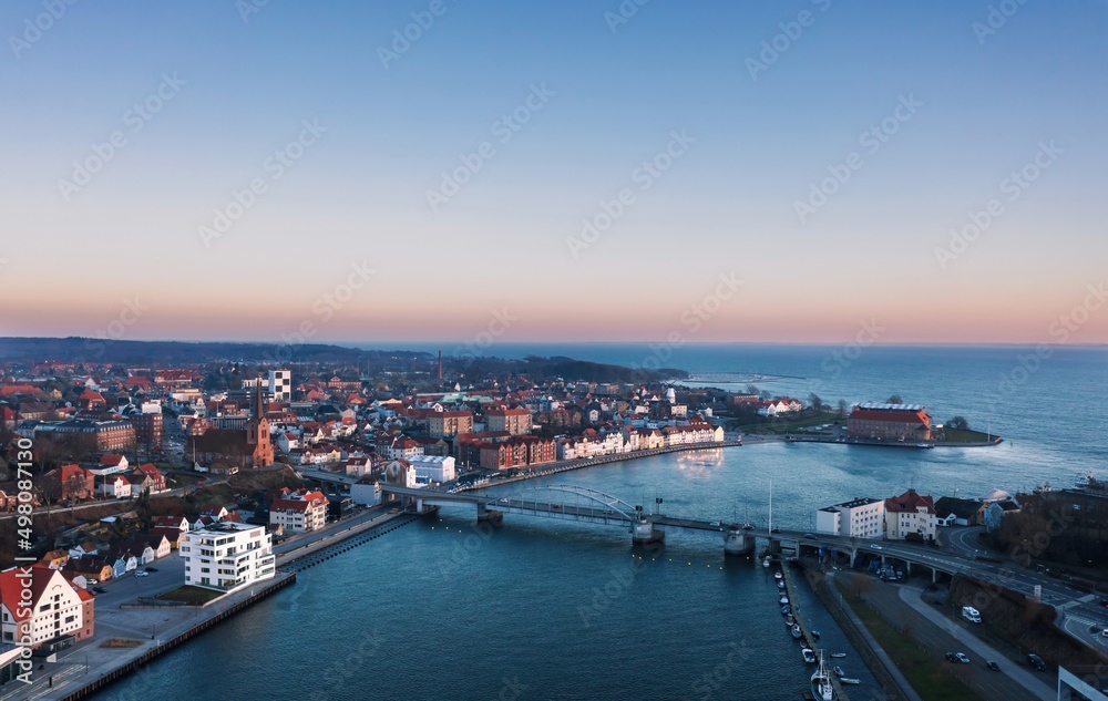 Blue hour panoramic aerial view in Sonderborg (Dan. Sønderborg), city in Southern Denmark