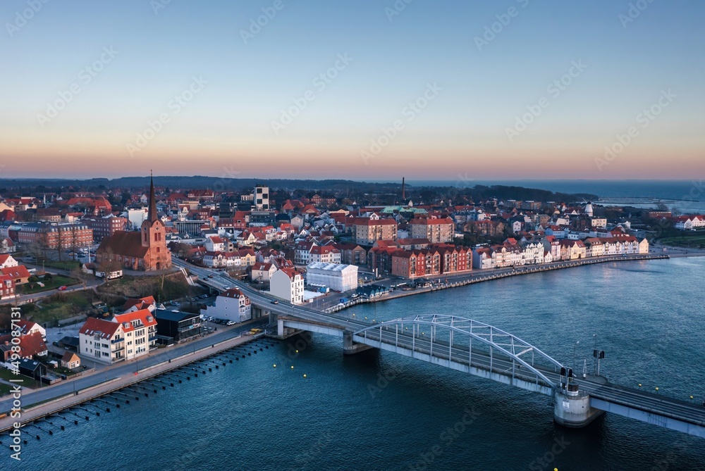 Aerial evening cityscape of Sonderborg (Dan. Sønderborg), city in Southern Denmark