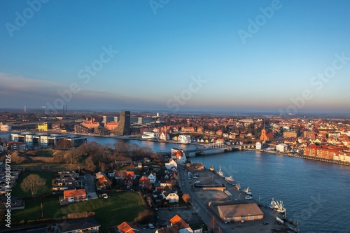Obraz na płótnie Aerial sunset cityscape of Sonderborg (Dan. Sønderborg), city in Southern Denmark w salonie