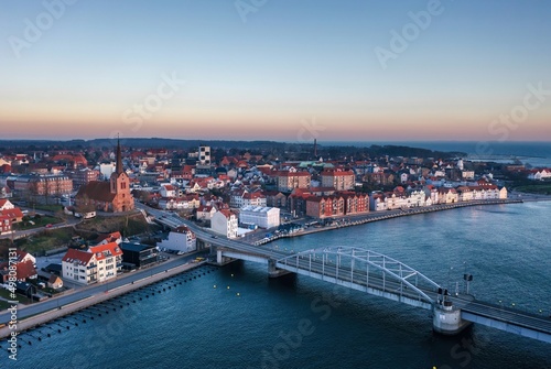 Aerial evening cityscape of Sonderborg (Dan. Sønderborg), city in Southern Denmark