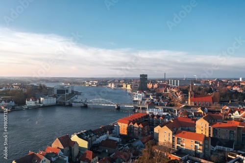 Aerial evening cityscape of Sonderborg (Dan. Sønderborg), city in Southern Denmark