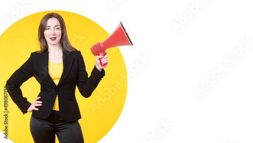 Woman megaphone. Successful...