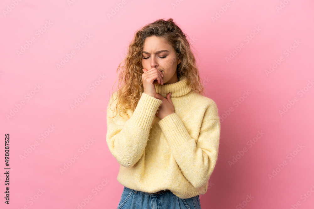 Young blonde woman isolated on pink background coughing a lot Young blonde woman isolated on pink background coughing a lot