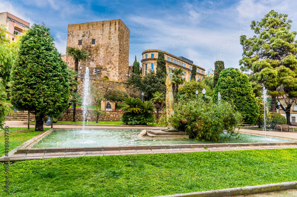 A view across the Miracle Park towards the Roman Circus in the city of Tarragona on a spring day