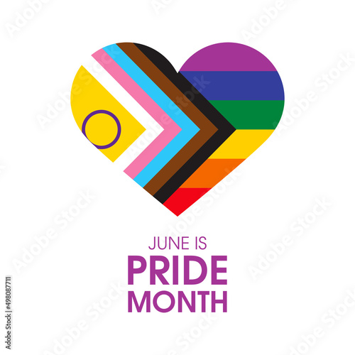 June is Pride Month vector. Progress LGBTQIA pride flag in heart shape icon vector isolated on a white background. LGBT design element. Rainbow gay flag heart vector