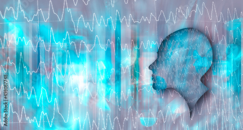 Electroencephalography concept. Medical background with patient profile silhouette and spike and waves EEG pattern with copy space. EEG used as method of diagnosis for tumors, stroke and other foca