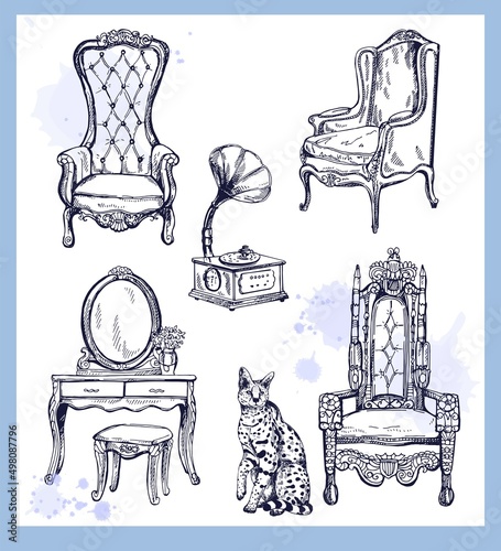 Set of hand drawn sketch style vintage interior elements isolated on white background. Vector illustration.