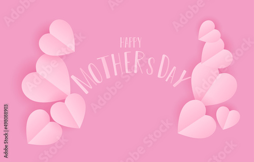 Mother's Day greeting card banner vector with 3d flying hearts pink papercut.symbol of love and handwritten letters on pink background.