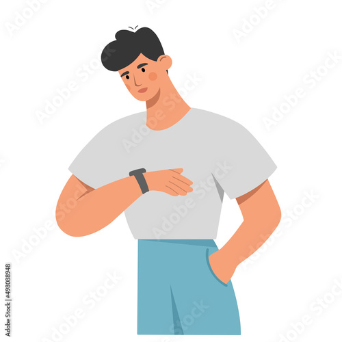 Young man checking the time by looking at his wrist watch. Time management concept. Flat vector illustration isolated on white background.