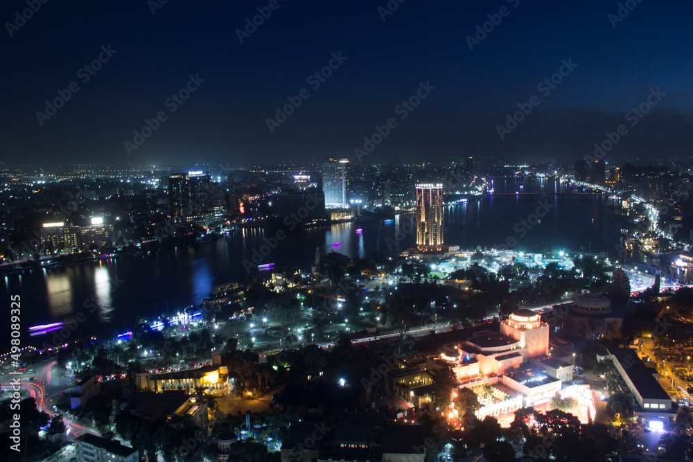 CAIRO, EGYPT - DECEMBER 29, 2021: Beautiful view of the center of Cairo and Zamalek island from the Cairo Tower in Cairo, Egypt