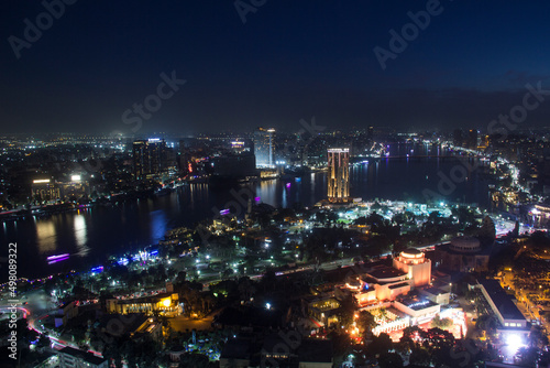 CAIRO, EGYPT - DECEMBER 29, 2021: Beautiful view of the center of Cairo and Zamalek island from the Cairo Tower in Cairo, Egypt