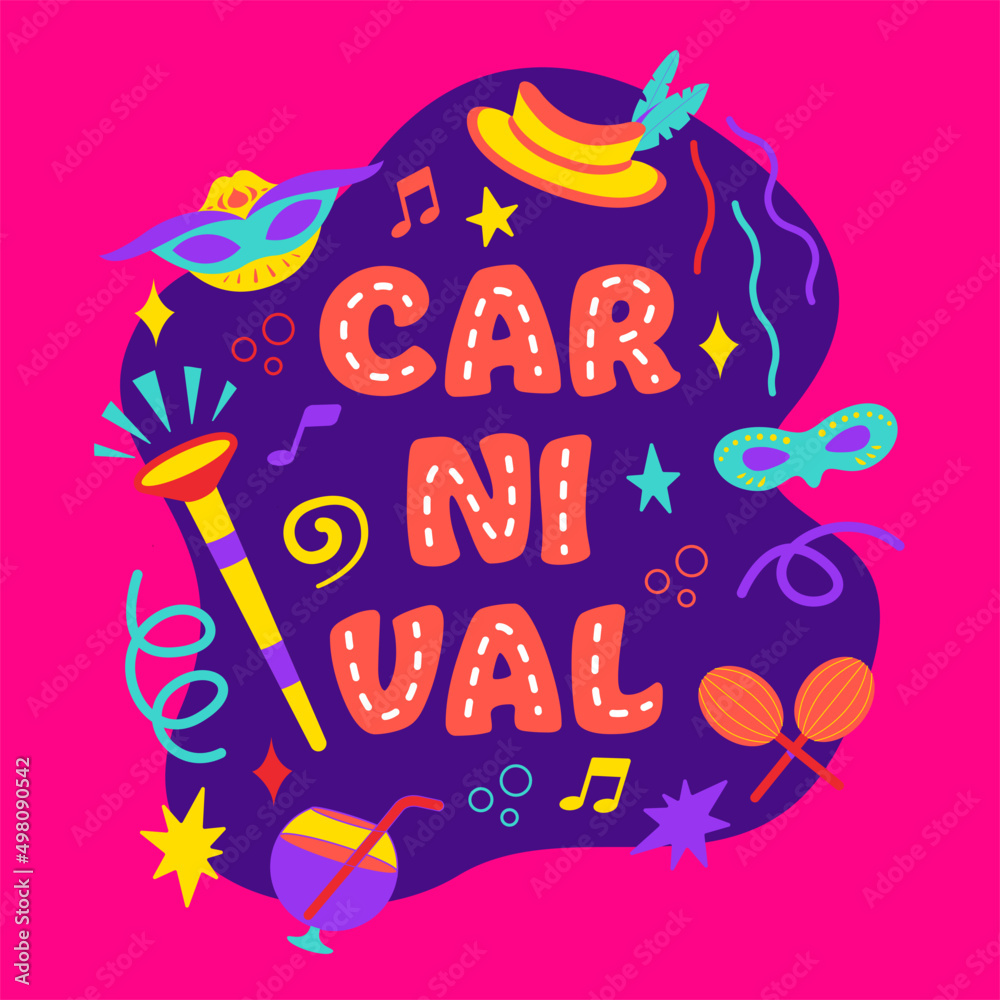 Banner for fun carnival party. Confetti and balloons for carnaval, mardi gras, fesival, masquerade, parade.Template for design invitation, flyer poster, banners. Vector. Festive title.