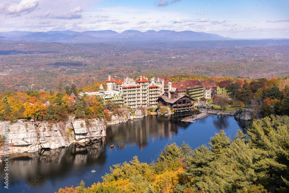 Mountain house as seen from the TV show 'Upload' surrounded with colorful fall foliage	