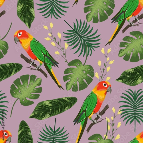 Fotografija Seamless vector floral summer pattern background with tropical palm leaves, monstera and parrot