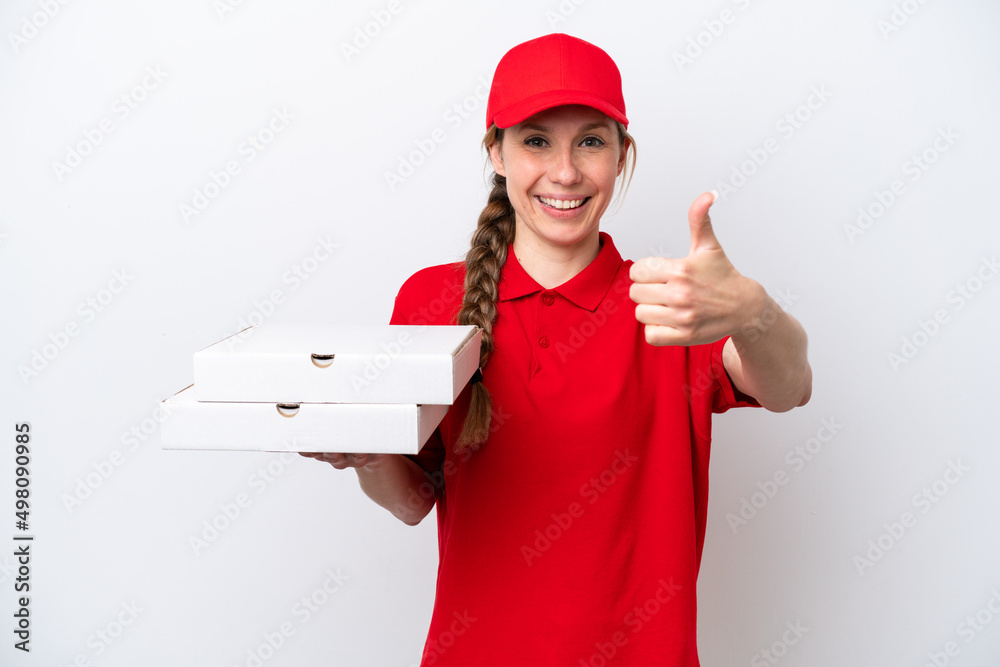 pizza delivery woman with work uniform picking up pizza boxes isolated on white background with thumbs up because something good has happened pizza delivery woman with work uniform picking up pizza boxes isolated on white background with thumbs up because something good has happened