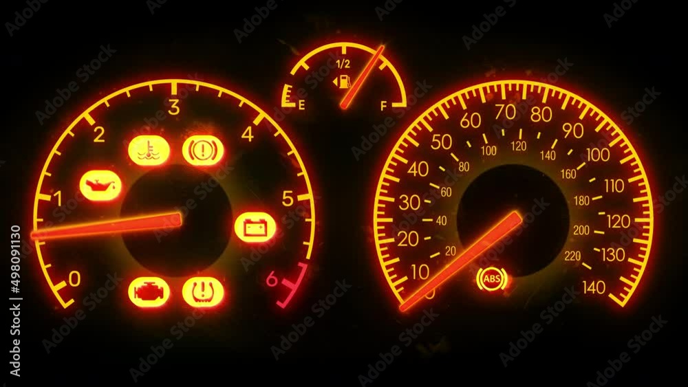Car dashboard with multiple warning lights flashing, engine failure, oil leak. Car maintenance needed, auto repair, loopable video