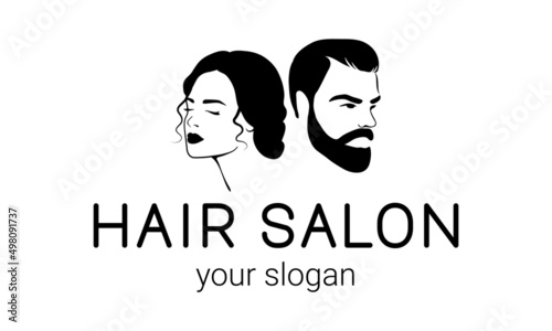 Hair salon logo design with silhouettes of male and female faces. Hairdresser icon. Man and Woman on white background. Vector illustration.