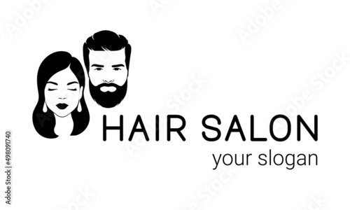 Hair salon logo design with silhouettes of male and female faces. Hairdresser icon. Man and Woman on white background. Vector illustration.