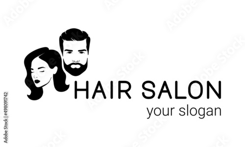 Hair salon logo design with silhouettes of male and female faces. Hairdresser icon. Man and Woman on white background. Vector illustration.