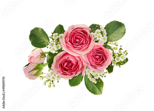 Pink roses and spirea flowers in a floral arrangement isolated on white. Top view. © Ortis