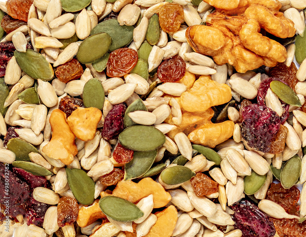 Nuts and seeds as a background. Pattern of granola or muesli Top view Nuts and seeds as a background. Pattern of granola or muesli Top view