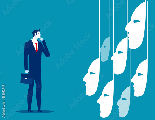 Businessman choose mask. Business vector illustration concept