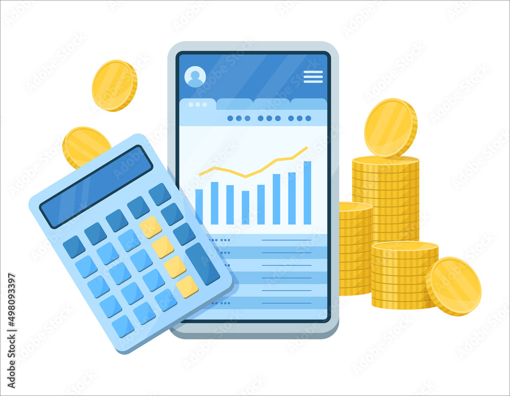 スマートフォンでお金の管理や計算をするイラスト ファイナンシャルプランのコンセプトデザイン Stock Vector Adobe Stock