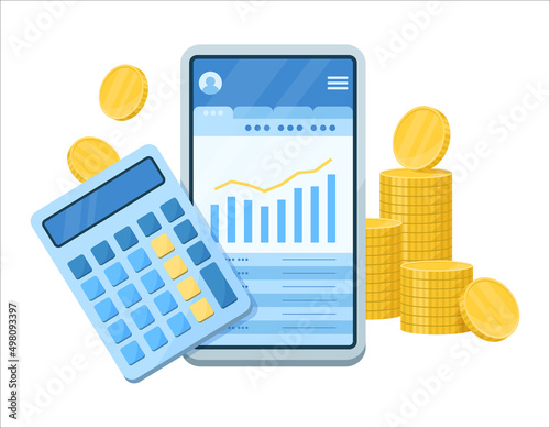 スマートフォンでお金の管理や計算をするイラスト. ファイナンシャルプランのコンセプトデザイン.