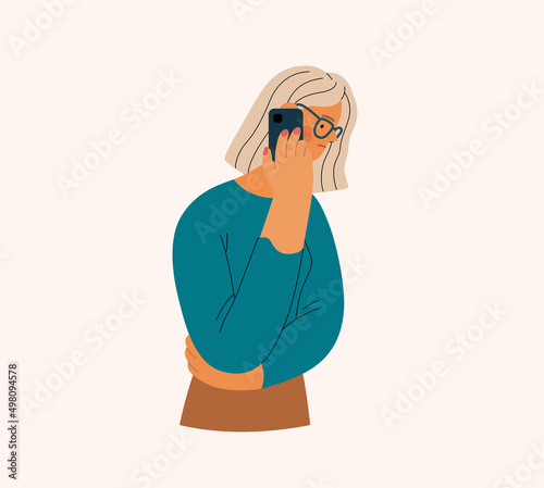 People portrait - Talking on the phone -Modern flat vector concept illustration of a young woman talking on the phone, half-length portrait, user avatar. Creative landing web page illustartion