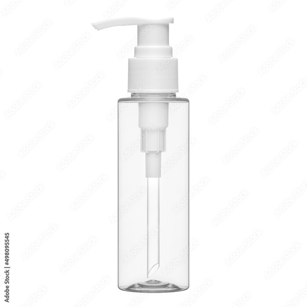 Cosmetic bottles with dispenser or sprayer isolated on white background. Bottle for ketchup, mustard, sauce. Antimicrobial liquid gel. Hand hygiene. Liquid soap. Cleaning agent.
