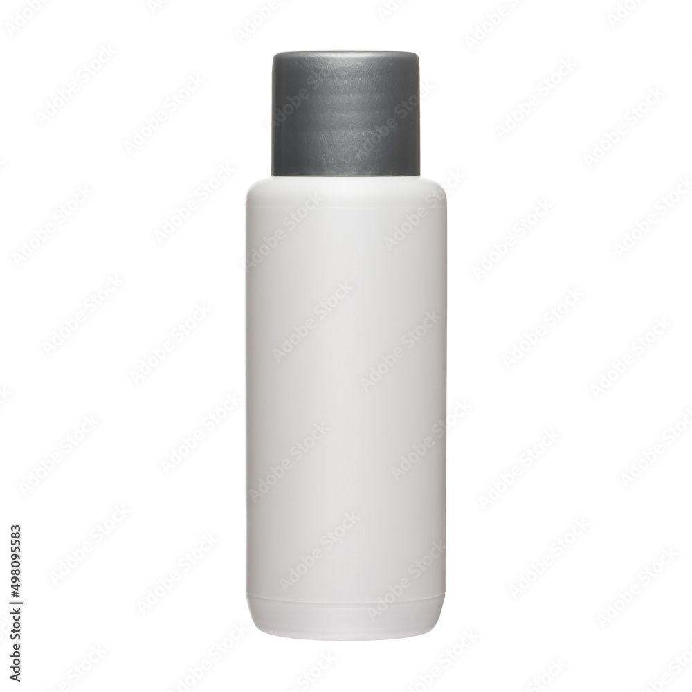 Cosmetic bottles with lid isolated on white background. Bottle with hand sanitizer. Antimicrobial liquid gel. Hand hygiene. Shampoo bottle. Medicine bottle. Liquid soap.