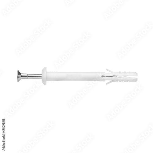 Metal nail, self-tapping screw, screw with a plastic dowel for construction work and repair on a white isolated background.