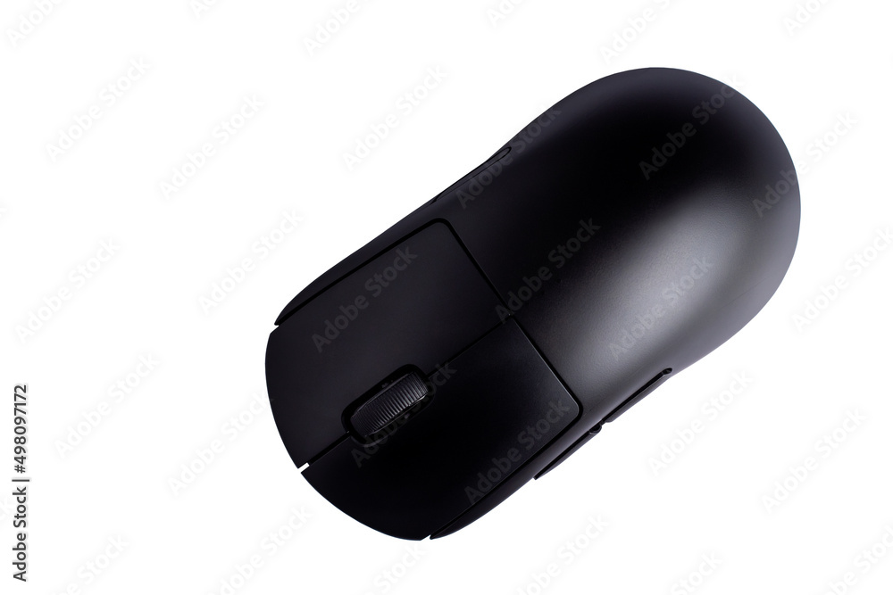 Black modern wireless computer mouse on white background