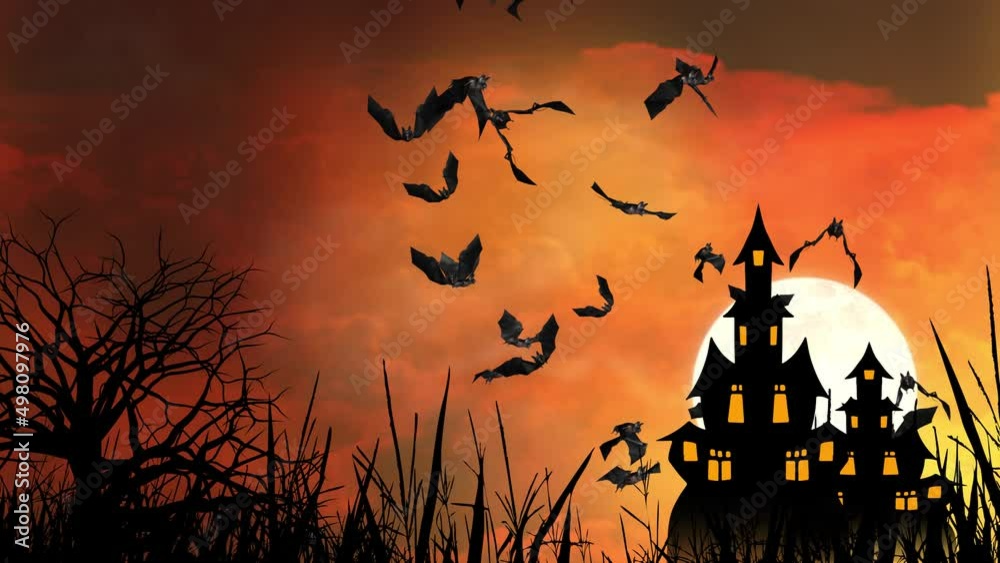 4K Loop Background of Halloween Night Animatio. flying Bats Halloween Night festival. NIght sky, flying bats, Horror house, animated trees and grasses Scary night. Grunge, fairy-tale, fantasy, magic