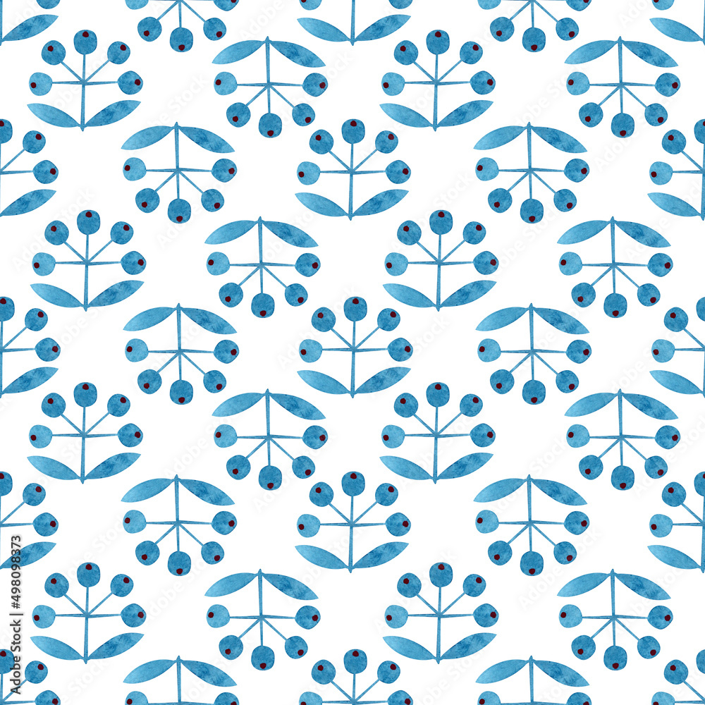 Scandinavian pattern with a blue ornament of decorative berries. Watercolor illustration. Scandinavian pattern with a blue ornament of decorative berries. Watercolor illustration.