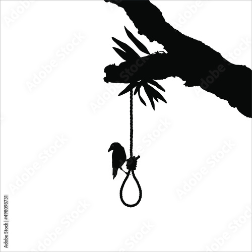 Gallows (Hanging Rope) on the Tree and Crow. Dramatic, Creepy, Horror, Scary, Mystery, or Spooky Illustration. Illustration for Horror Movie or Halloween Poster Element. Vector Illustration 