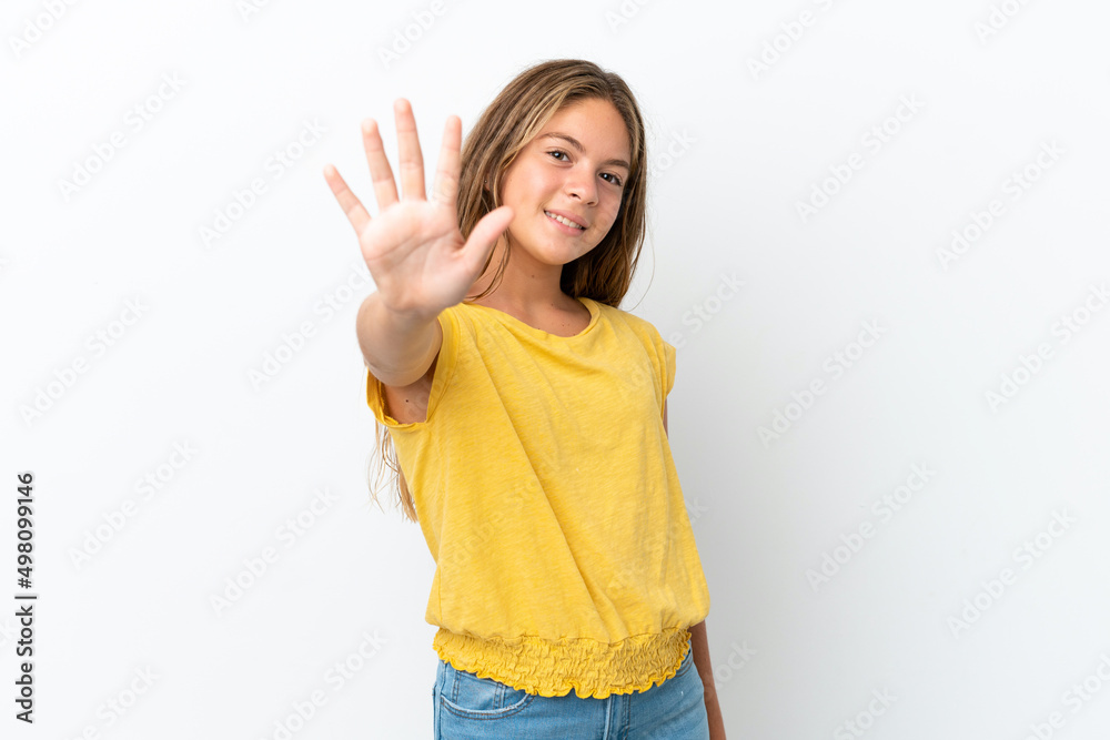 Little caucasian girl isolated on white background counting five with fingers Little caucasian girl isolated on white background counting five with fingers