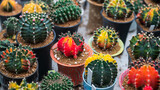 Colorful cactus on pots at farm
