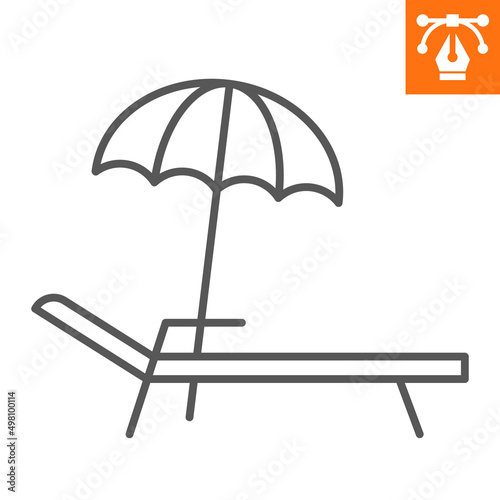 Deck chair with parasol line icon, outline style icon for web site or mobile app, travel and holiday, deckchair umbrella vector icon, simple vector illustration, vector graphics with editable strokes.