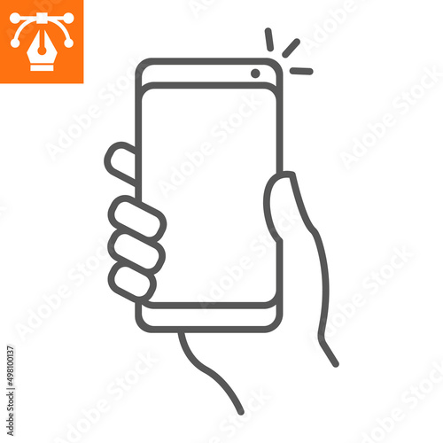 Selfie line icon, outline style icon for web site or mobile app, hand and phone, smartphone vector icon, simple vector illustration, vector graphics with editable strokes.