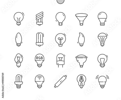 Light bulb. Illumination. Different style of bulb. Pixel Perfect Vector Thin Line Icons. Simple Minimal Pictogram