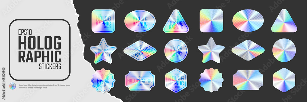 Iridescent color holographic stickers, set of quality hologram rainbow shiny emblems of various different shapes, Vector illustration mockup design labels tags - obrazy, fototapety, plakaty 