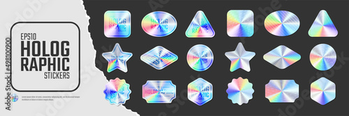 Iridescent color holographic stickers, set of quality hologram rainbow shiny emblems of various different shapes, Vector illustration mockup design labels tags photo